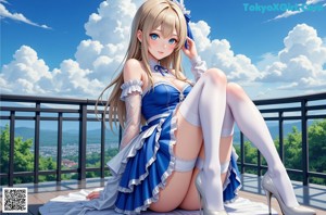 A woman in a blue and white dress sitting on a chair.