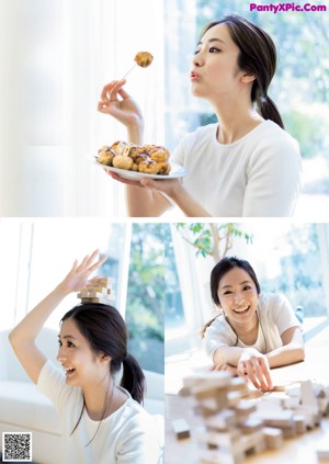 A woman holding a plate of food in front of her face.