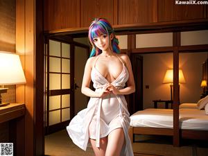 A naked woman sitting on top of a bed.