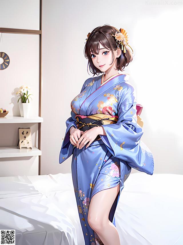 A woman in a blue kimono standing on a bed.