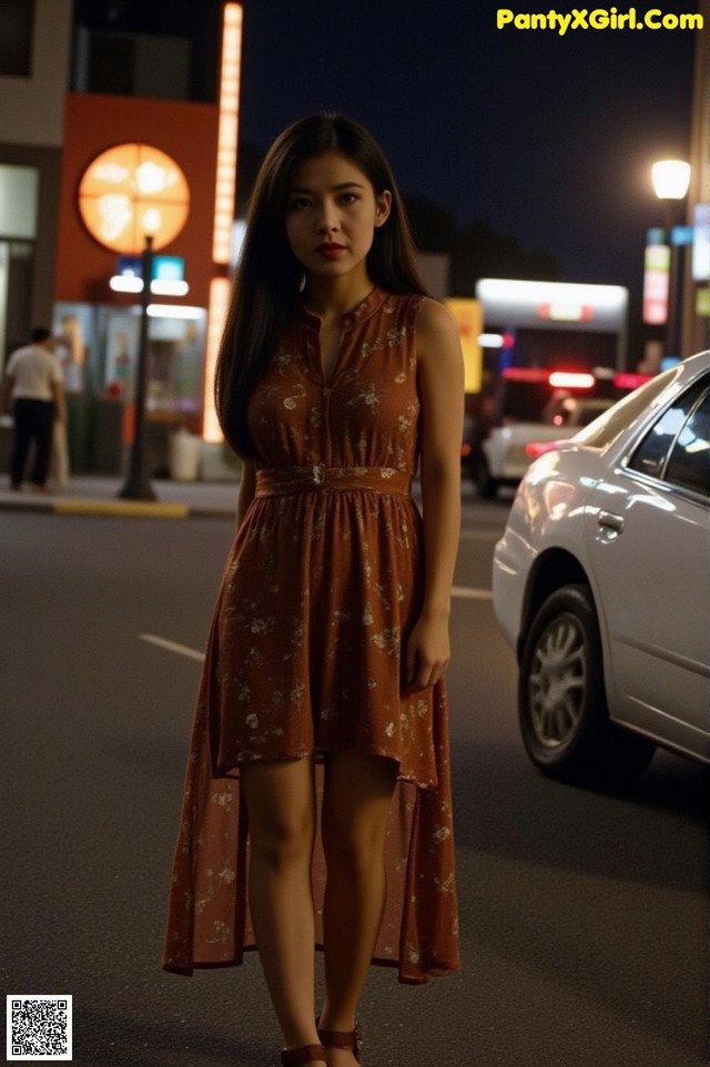 A woman in a brown dress standing in the middle of a street.