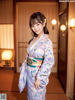 A woman in a blue kimono posing for the camera.