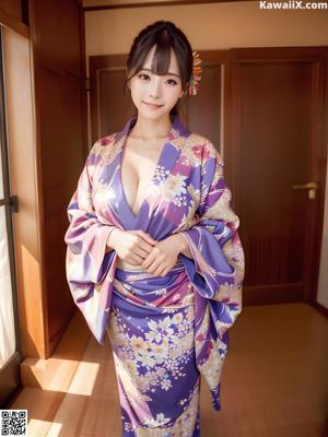 A woman in a blue kimono standing on the beach.
