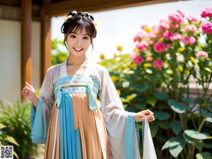 A woman in a blue and orange hanbok is posing for a picture.