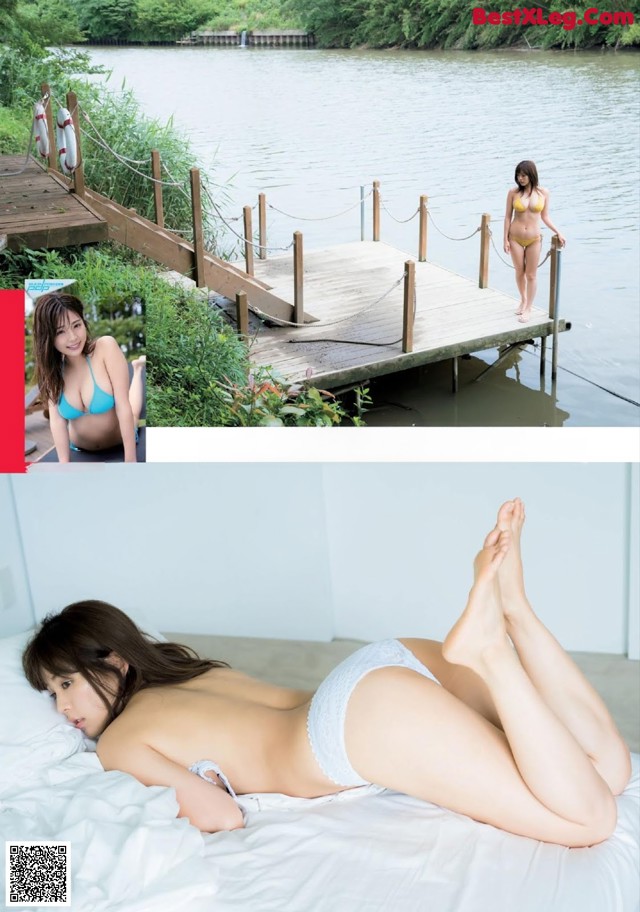 A woman in a bikini laying on a bed next to a dock.