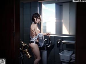 A naked woman sitting in a pool of water.