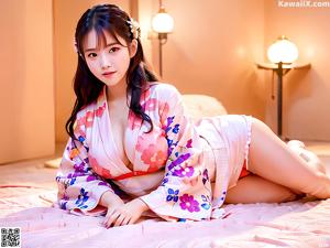 A woman in a pink kimono holding an orange umbrella.