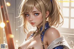 A woman with long blonde hair wearing a white and blue outfit.