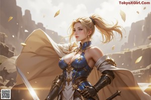 A woman in armor holding a sword in her hand.