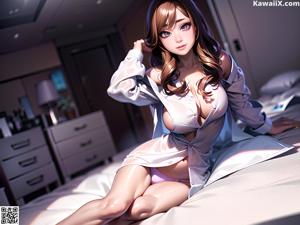 A woman in a black lingerie sitting on a bed.