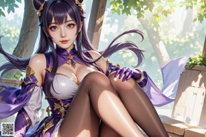 A woman in a purple dress sitting in the woods.