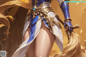 A nude woman in armor holding a sword in the sky.