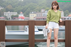 A woman in lingerie and stockings posing on a bridge.