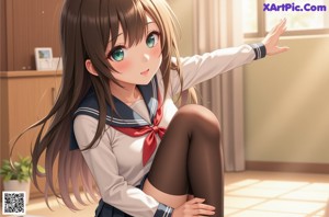 A woman in a school uniform sitting on a window sill.