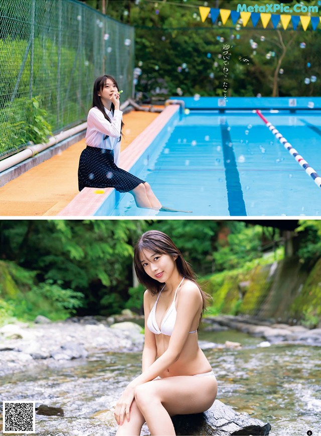 A woman in a white bikini sitting on a rock next to a swimming pool.