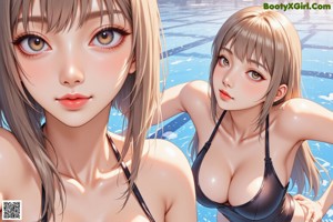 A woman in a black bathing suit standing in a pool.