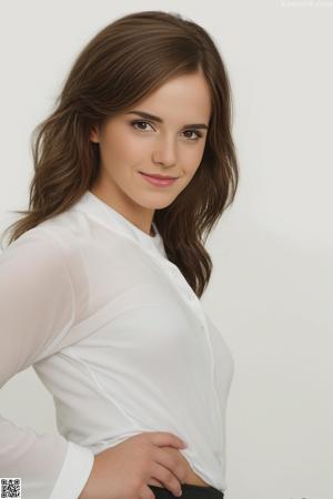 A woman in a white bra and purple skirt posing for the camera.