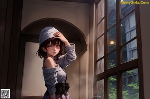 A girl in a blue dress standing next to a table.