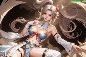A woman in a white and blue outfit holding a sword.