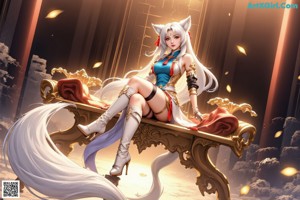 A woman with long white hair wearing a blue dress and boots.