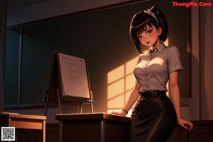 A woman in a pink skirt and blazer standing in an office.