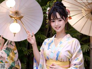 A woman in a blue kimono standing in the water.