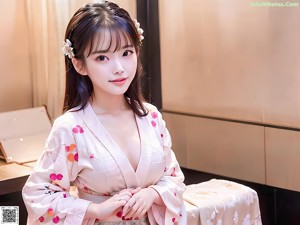 A woman in a pink kimono standing in front of a door.