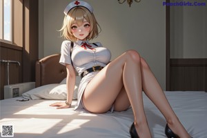 A woman in a nurse uniform sitting on a chair.