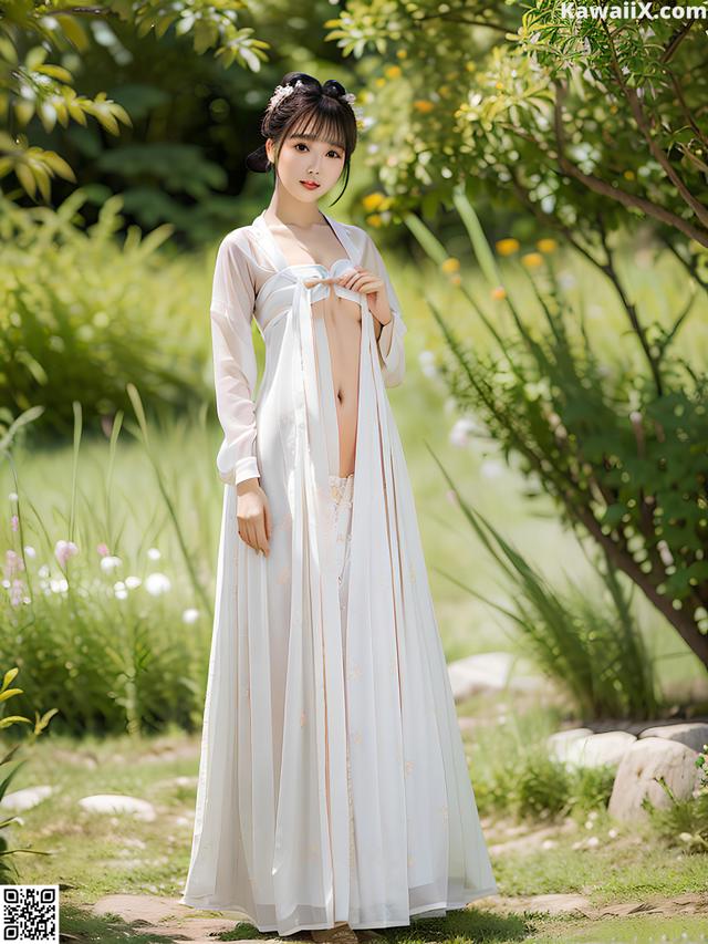 A woman in a white dress standing in a garden.