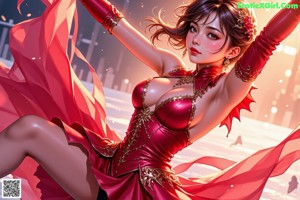 A woman in a red dress skating on a frozen lake.