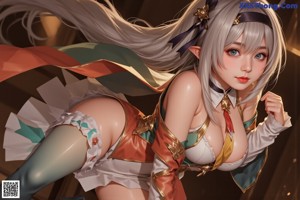 A woman in a white dress with long white hair.