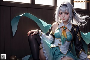 A woman with long blue hair wearing a white shirt and green shorts.