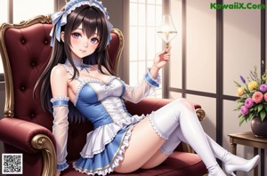 A woman in a blue and white dress sitting on a bed.