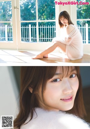 A woman in a white top and black shorts posing for a magazine.