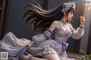 A woman in a purple dress with long black hair.