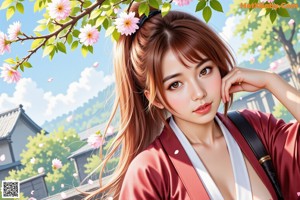 A woman in traditional attire stands outdoors with a sword, surrounded by blooming pink flowers and greenery.