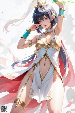 A woman in a white and blue outfit sitting on a tree branch.