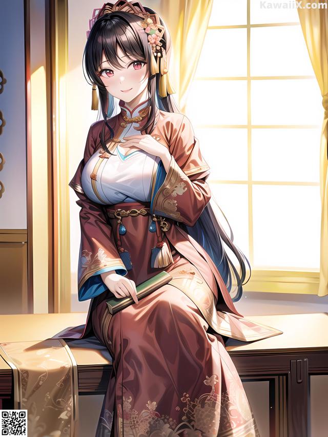 A woman in a kimono sitting on a table in front of a window.