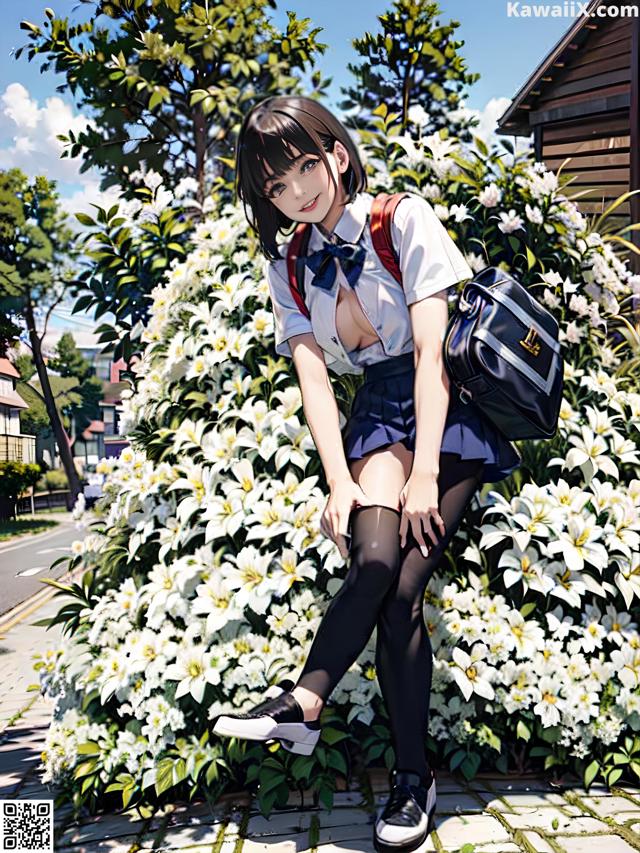 A girl in a school uniform sitting on a bush of flowers.