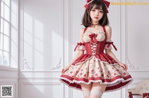 A woman in a dress and stockings posing for a picture.