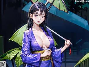 A woman in a kimono sitting on a wooden bench holding an umbrella.