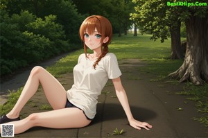 Anime girl in a white dress and stockings posing for a picture.