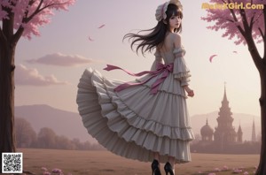 A girl in a brown dress and a pink bow tie.