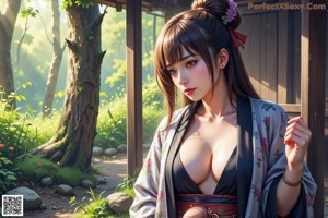 A woman in a kimono is posing in the woods.