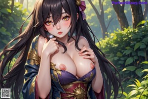 A woman in a kimono standing in a forest.