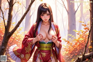 A woman in a red kimono is posing for the camera.